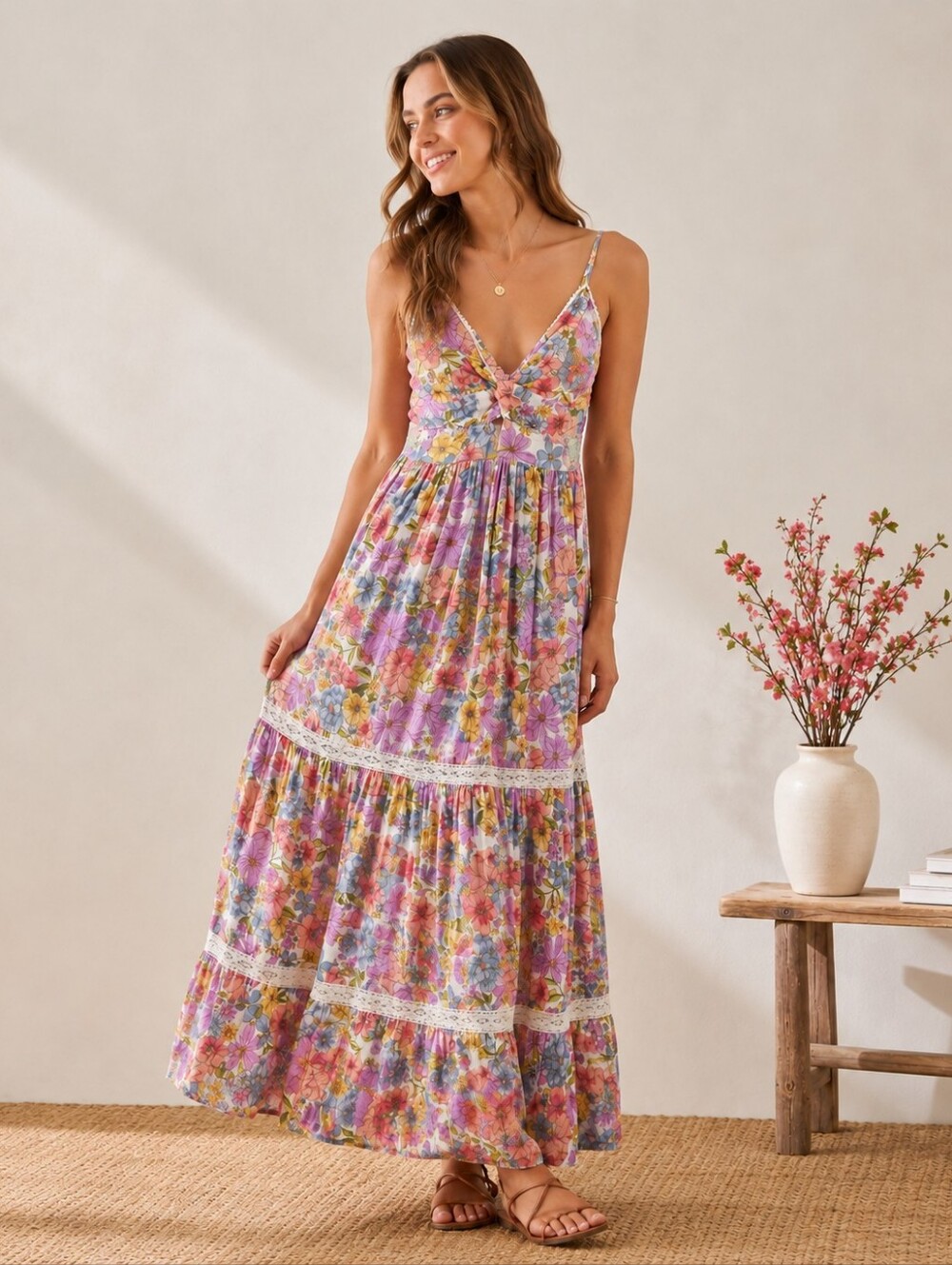 ANGIE Floral Boho Tiered Maxi Dress with Lace Trim & Twist Front, Nwot